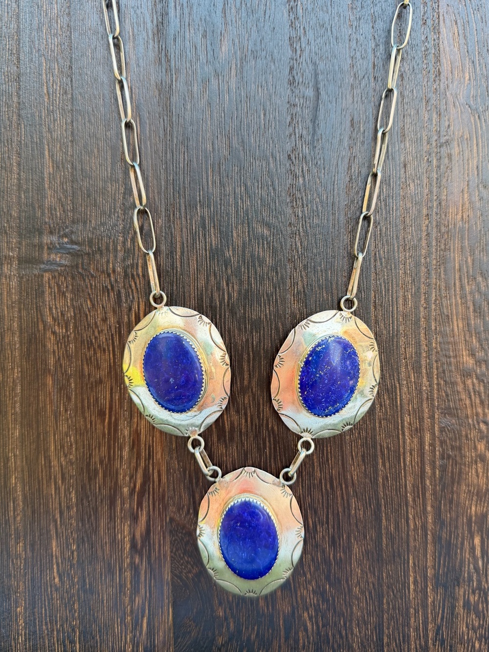 Navajo Handmade Lapis and Sterling Silver Concho Necklace - Signed & Stamped